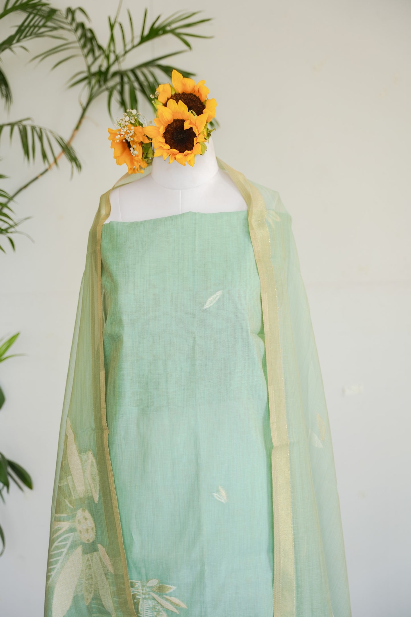 MINT MOJITO- Pure Mul Chanderi Mint Floral Unstiched Suit Set