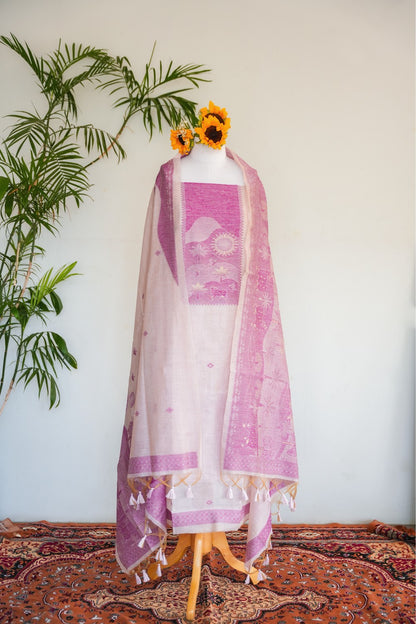 JAMUN- Pure Chanderi Slub Scenic Unstitched Suit Set