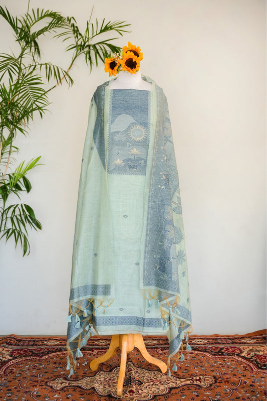 BLUE LAGOON - Pure Chanderi Slub Scenic Unstitched Suit Set