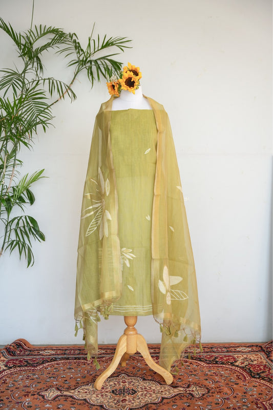 KACHI KAIRI - Pure Chanderi Mul Chanderi Green Unstitched Suit Set