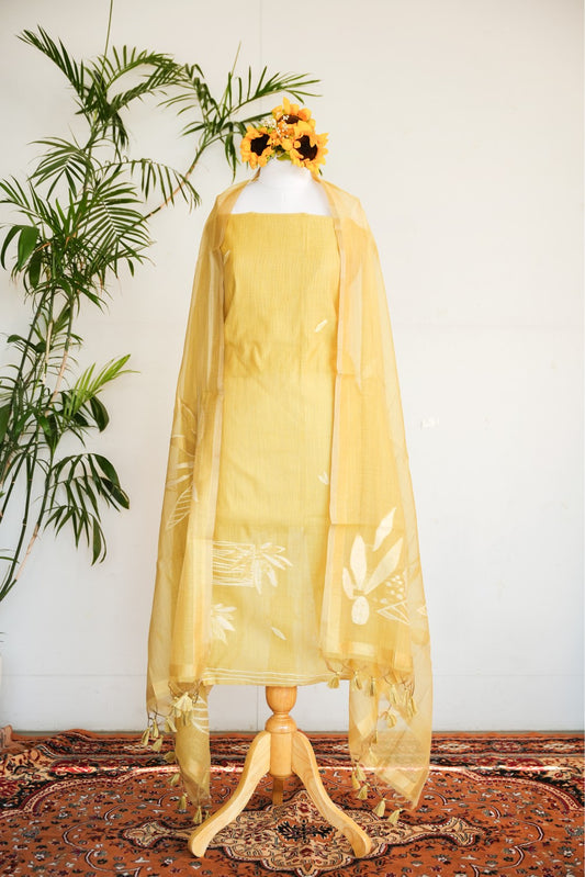 SUNHERI DHOOP- Pure Mul Chanderi Slub Scenic Unstitched Suit Set