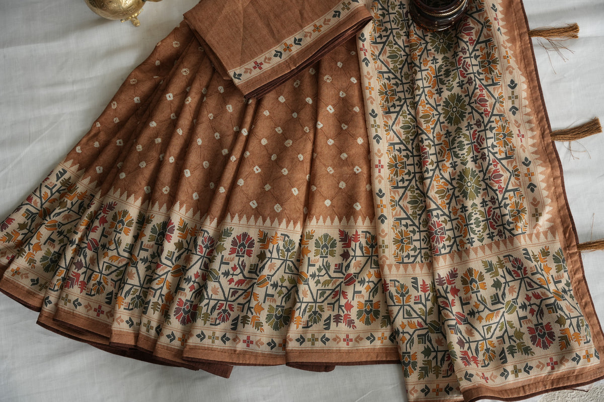 BHOOMI – Caramel Buti & Kalamkari Tussar Silk Saree