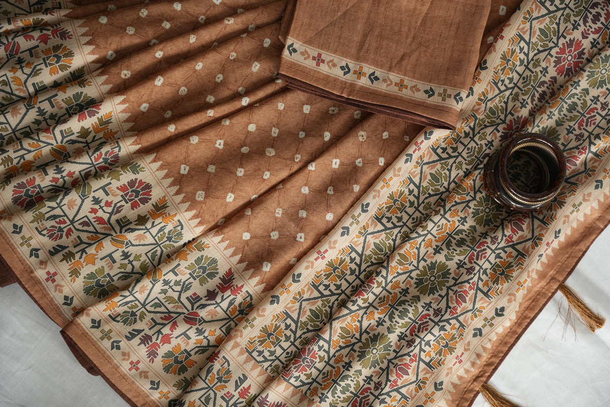 BHOOMI – Caramel Buti & Kalamkari Tussar Silk Saree