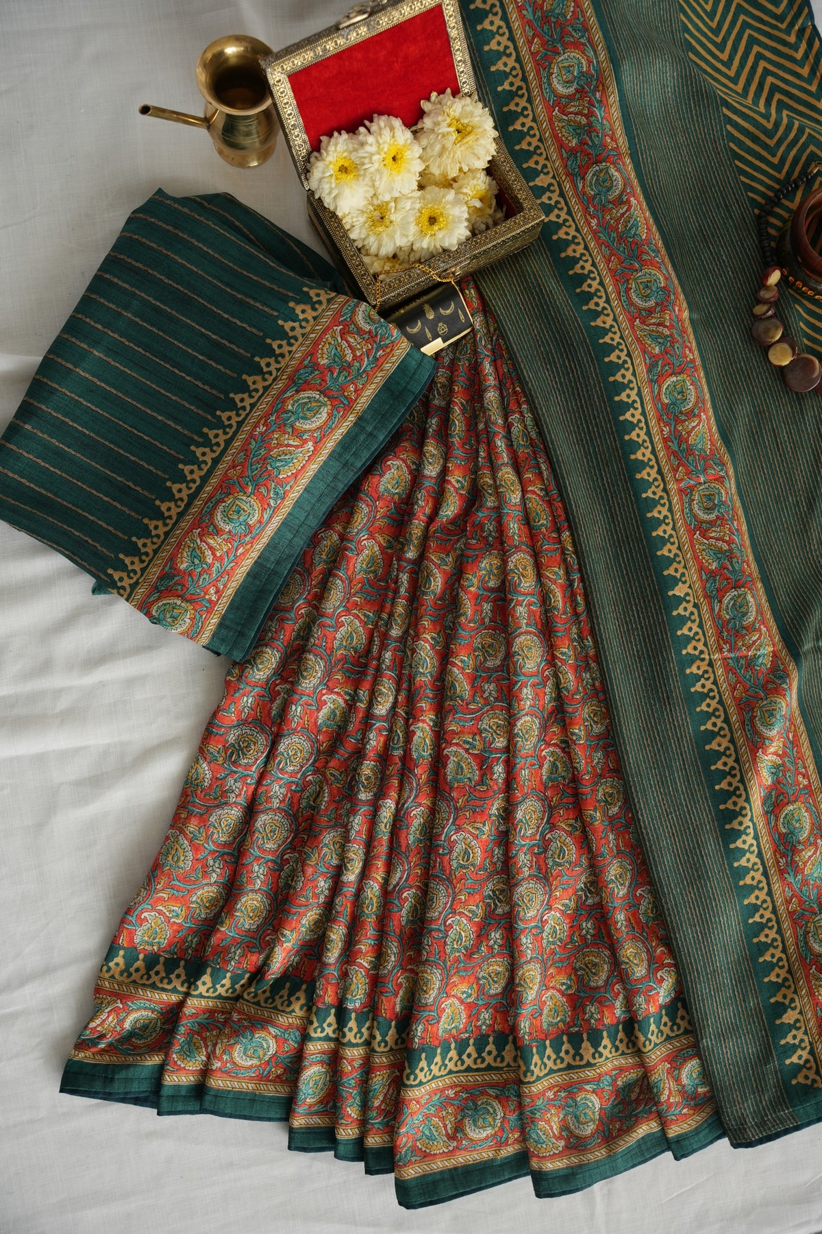 AAROHI – Coral & Teal Floral Kalamkari Tussar Silk Saree
