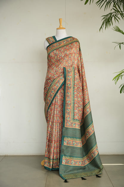 AAROHI – Coral & Teal Floral Kalamkari Tussar Silk Saree