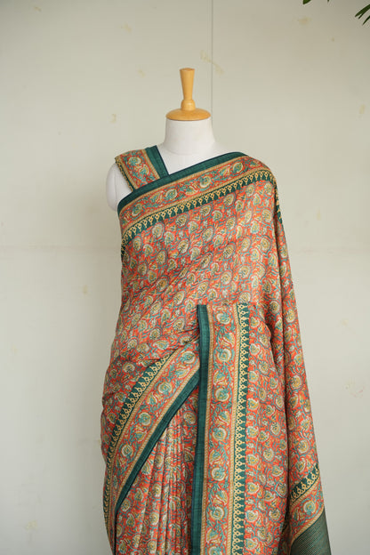AAROHI – Coral & Teal Floral Kalamkari Tussar Silk Saree