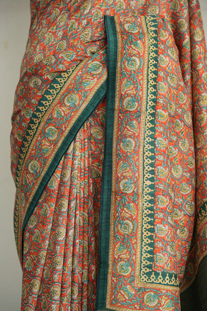 AAROHI – Coral & Teal Floral Kalamkari Tussar Silk Saree