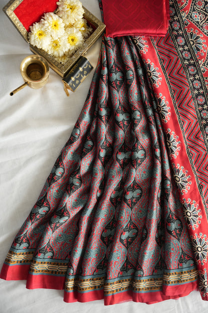 ROOH – Charcoal Grey & Red Paisley Print Modal Silk Saree