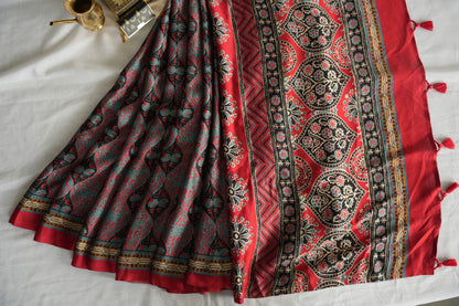 ROOH – Charcoal Grey & Red Paisley Print Modal Silk Saree