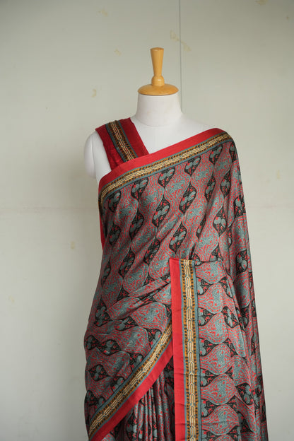 ROOH – Charcoal Grey & Red Paisley Print Modal Silk Saree