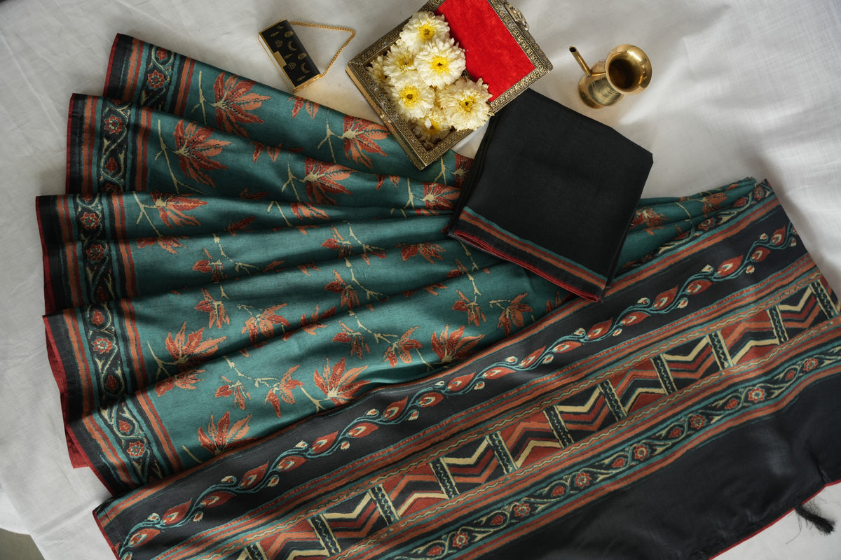 VANYA – Deep Teal & Rust Floral Tussar Silk Saree