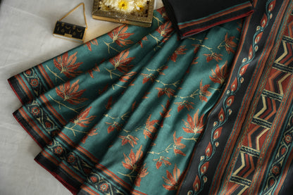 VANYA – Deep Teal & Rust Floral Tussar Silk Saree