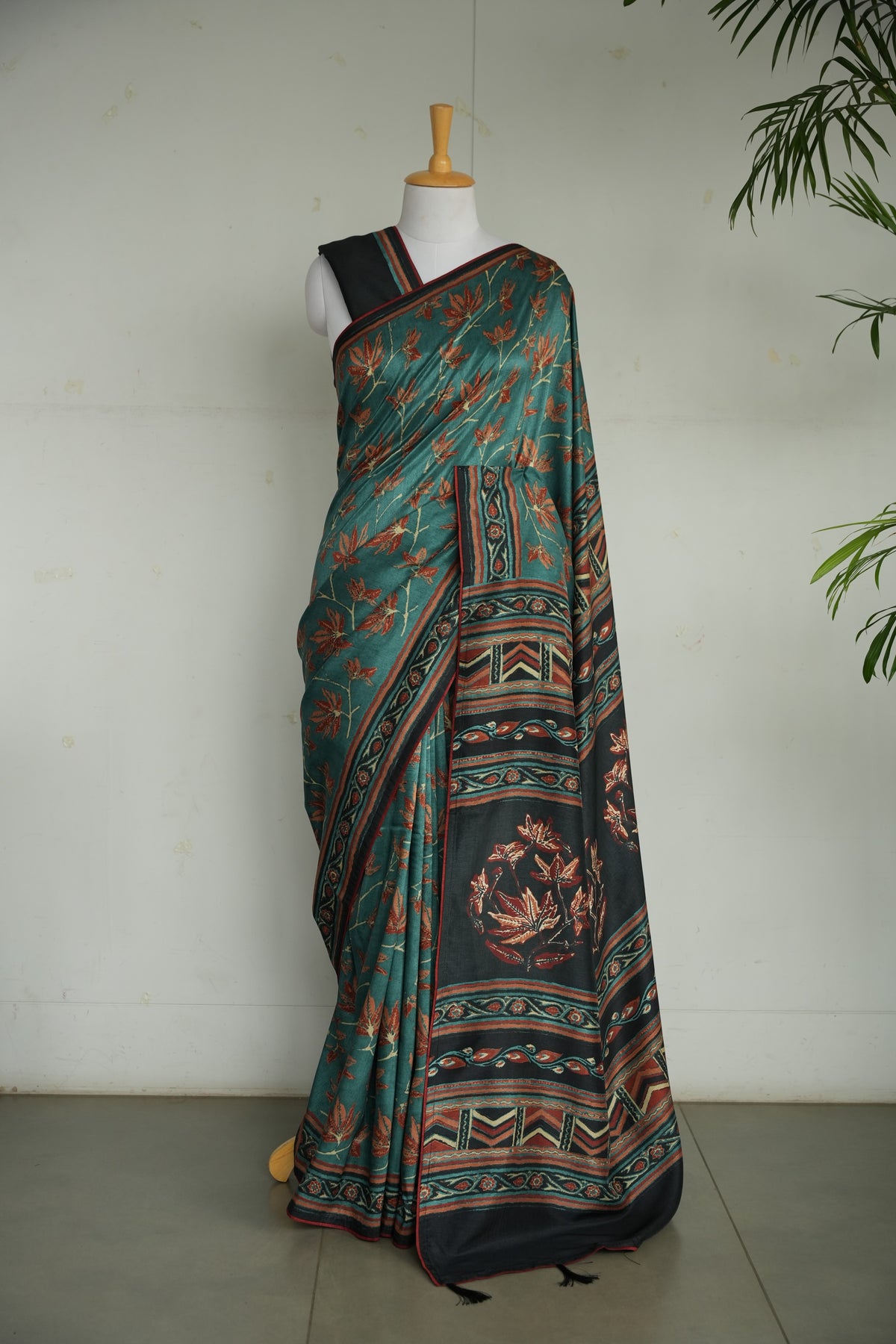 VANYA – Deep Teal & Rust Floral Tussar Silk Saree