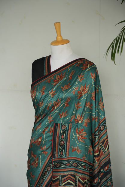 VANYA – Deep Teal & Rust Floral Tussar Silk Saree