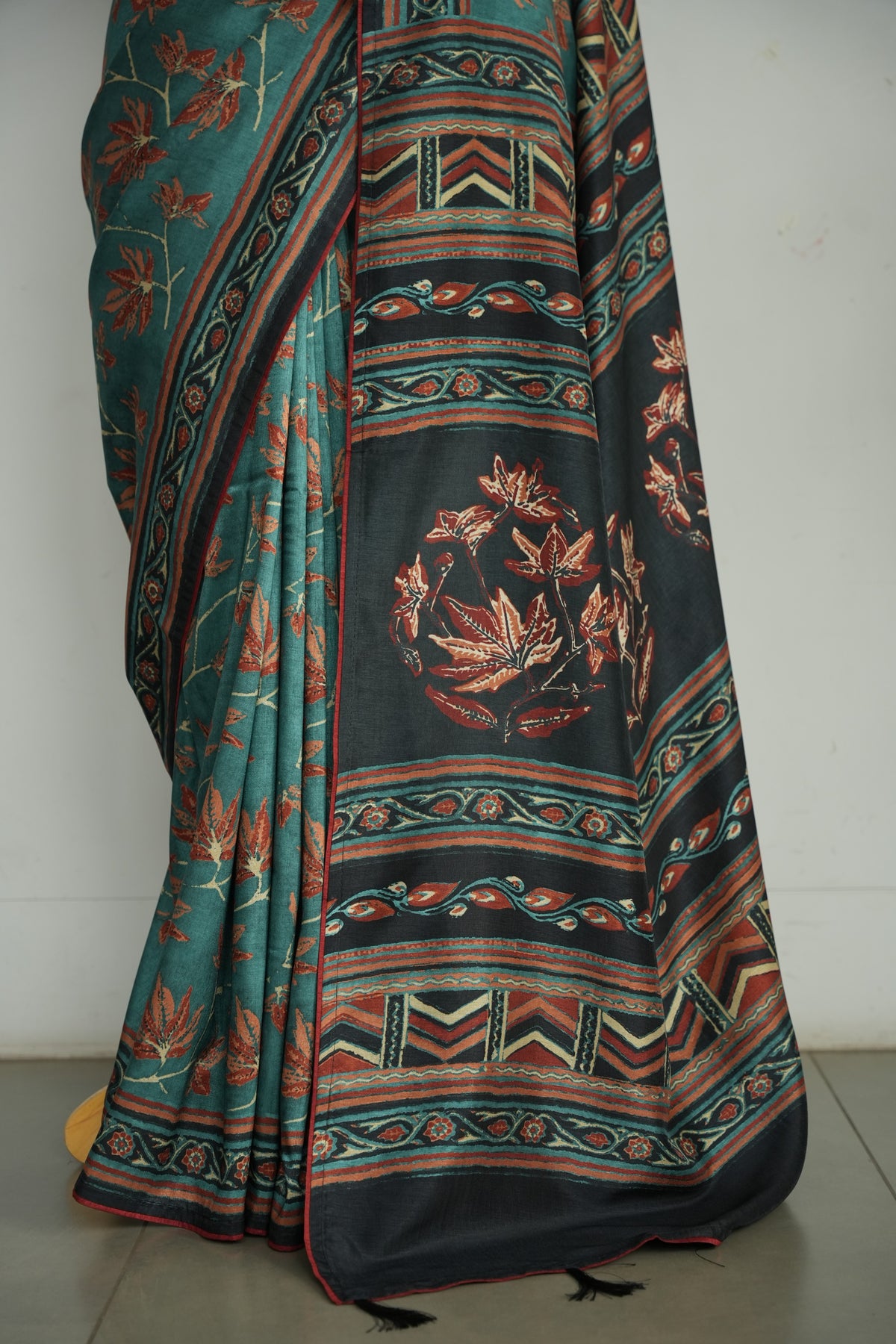 VANYA – Deep Teal & Rust Floral Tussar Silk Saree