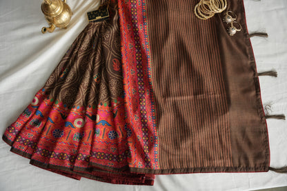 AABHA - Chocolate Brown & Rust Folk Art Tussar Silk Saree