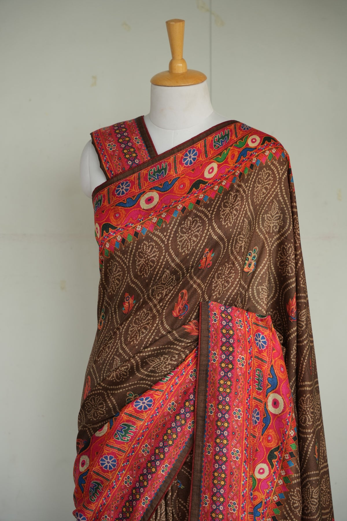 AABHA - Chocolate Brown & Rust Folk Art Tussar Silk Saree