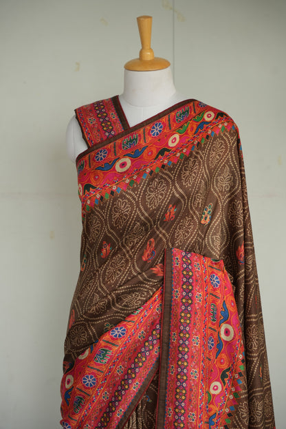 AABHA - Chocolate Brown & Rust Folk Art Tussar Silk Saree