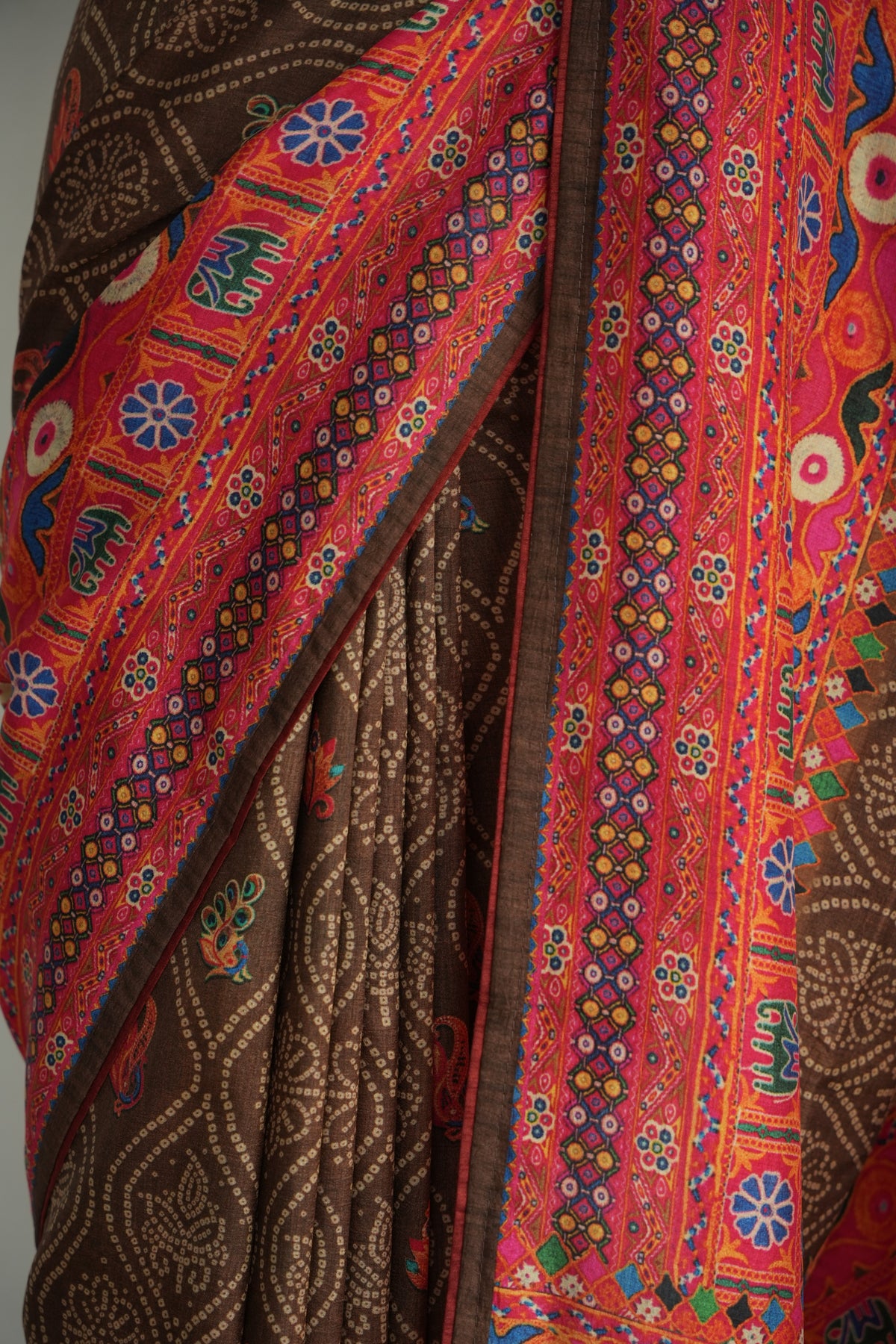 AABHA - Chocolate Brown & Rust Folk Art Tussar Silk Saree