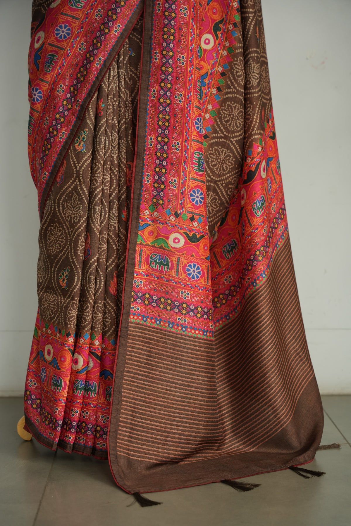 AABHA - Chocolate Brown & Rust Folk Art Tussar Silk Saree
