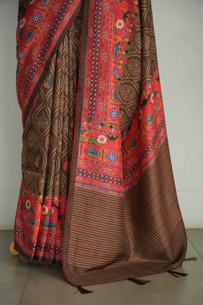 AABHA - Chocolate Brown & Rust Folk Art Tussar Silk Saree