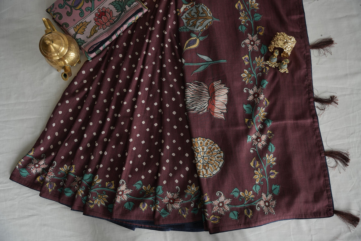 KASTURI – Plum Brown Floral Tussar Silk Saree