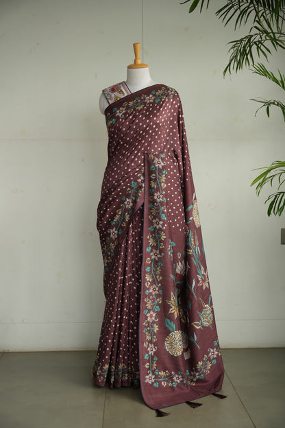 KASTURI – Plum Brown Floral Tussar Silk Saree