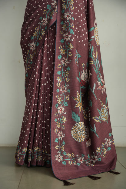 KASTURI – Plum Brown Floral Tussar Silk Saree