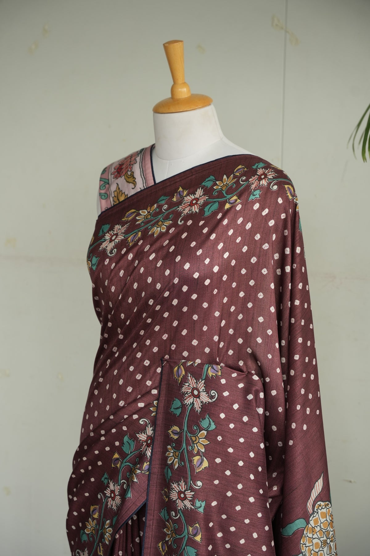 KASTURI – Plum Brown Floral Tussar Silk Saree