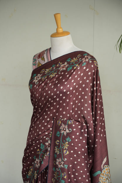 KASTURI – Plum Brown Floral Tussar Silk Saree