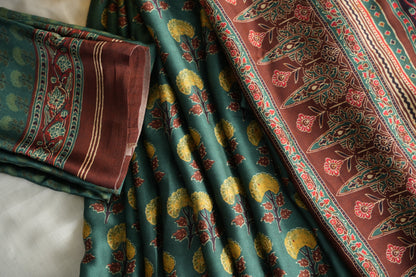 MEERA – Forest Green & Mustard Floral Modal Silk Saree