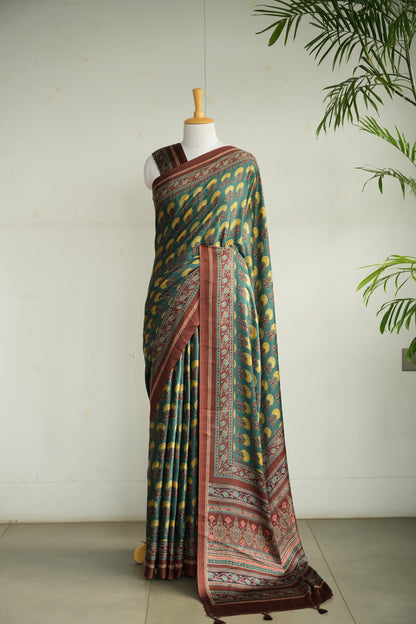 MEERA – Forest Green & Mustard Floral Modal Silk Saree