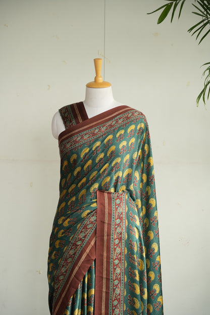 MEERA – Forest Green & Mustard Floral Modal Silk Saree