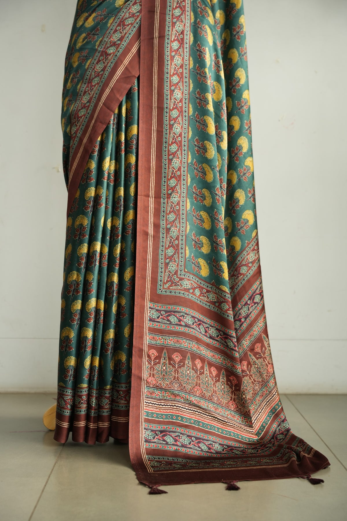MEERA – Forest Green & Mustard Floral Modal Silk Saree