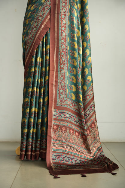 MEERA – Forest Green & Mustard Floral Modal Silk Saree