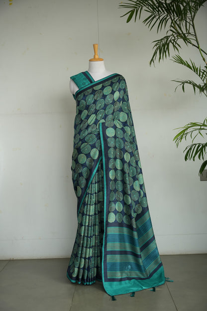 URJA– Teal & Navy Blue Printed Tussar Silk Saree