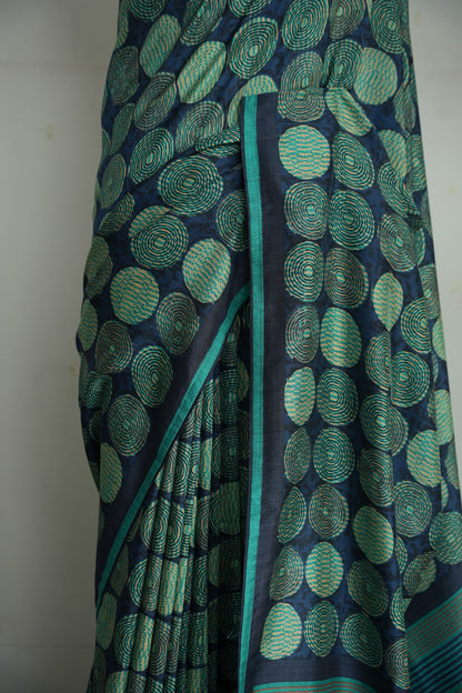 URJA– Teal & Navy Blue Printed Tussar Silk Saree