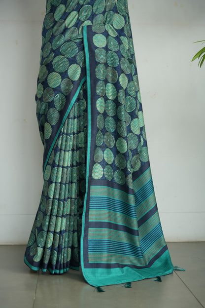 URJA– Teal & Navy Blue Printed Tussar Silk Saree