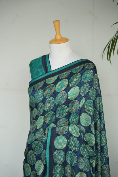 URJA– Teal & Navy Blue Printed Tussar Silk Saree
