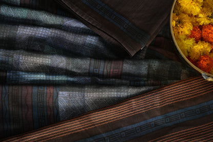 SAANJH – Charcoal Grey & Copper Printed Tussar Silk Saree