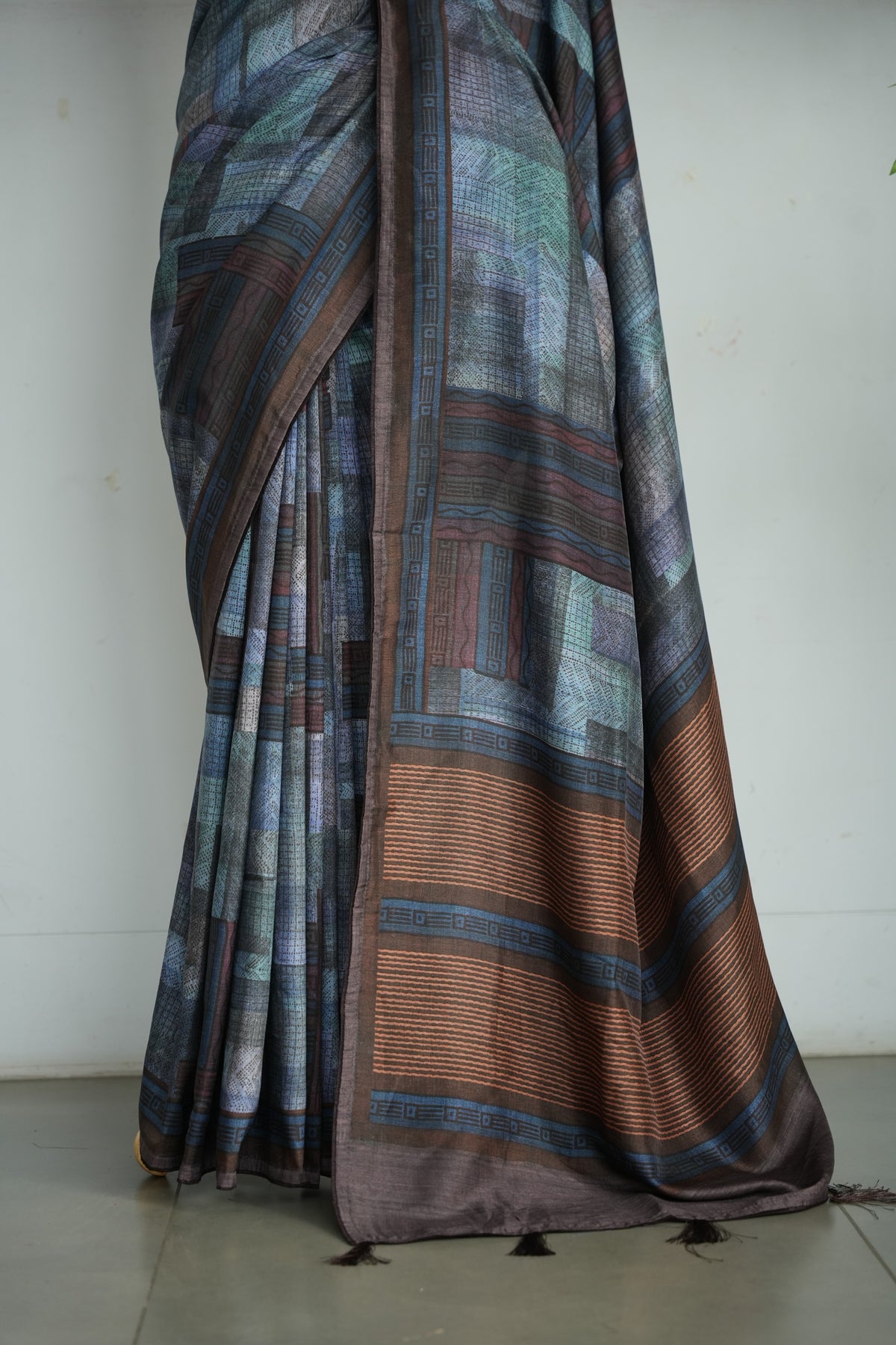 SAANJH – Charcoal Grey & Copper Printed Tussar Silk Saree