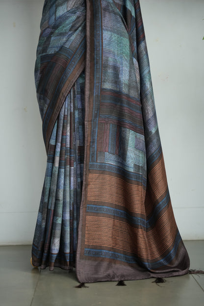 SAANJH – Charcoal Grey & Copper Printed Tussar Silk Saree