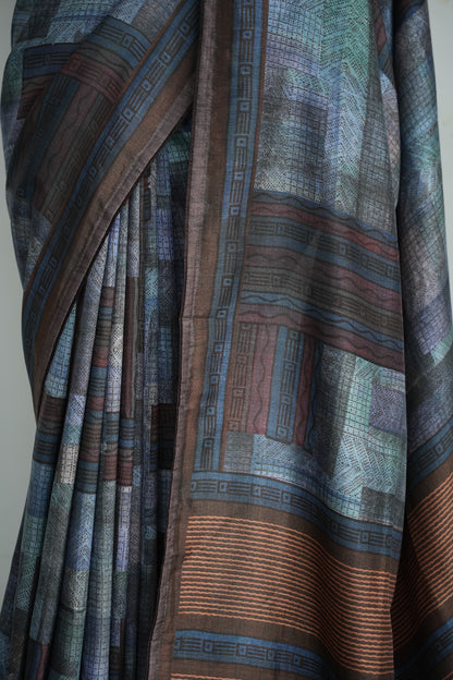 SAANJH – Charcoal Grey & Copper Printed Tussar Silk Saree