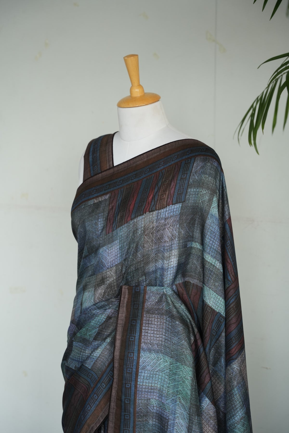 SAANJH – Charcoal Grey & Copper Printed Tussar Silk Saree