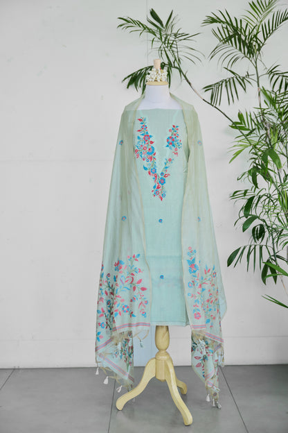 MEHR – Pure Mul Chanderi Pista Green Unstitched Suit Set
