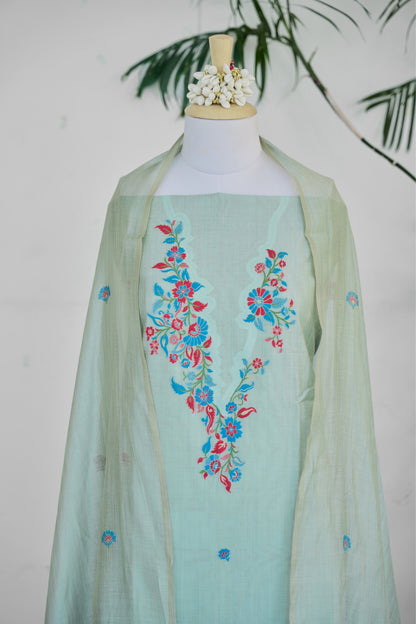 MEHR – Pure Mul Chanderi Pista Green Unstitched Suit Set