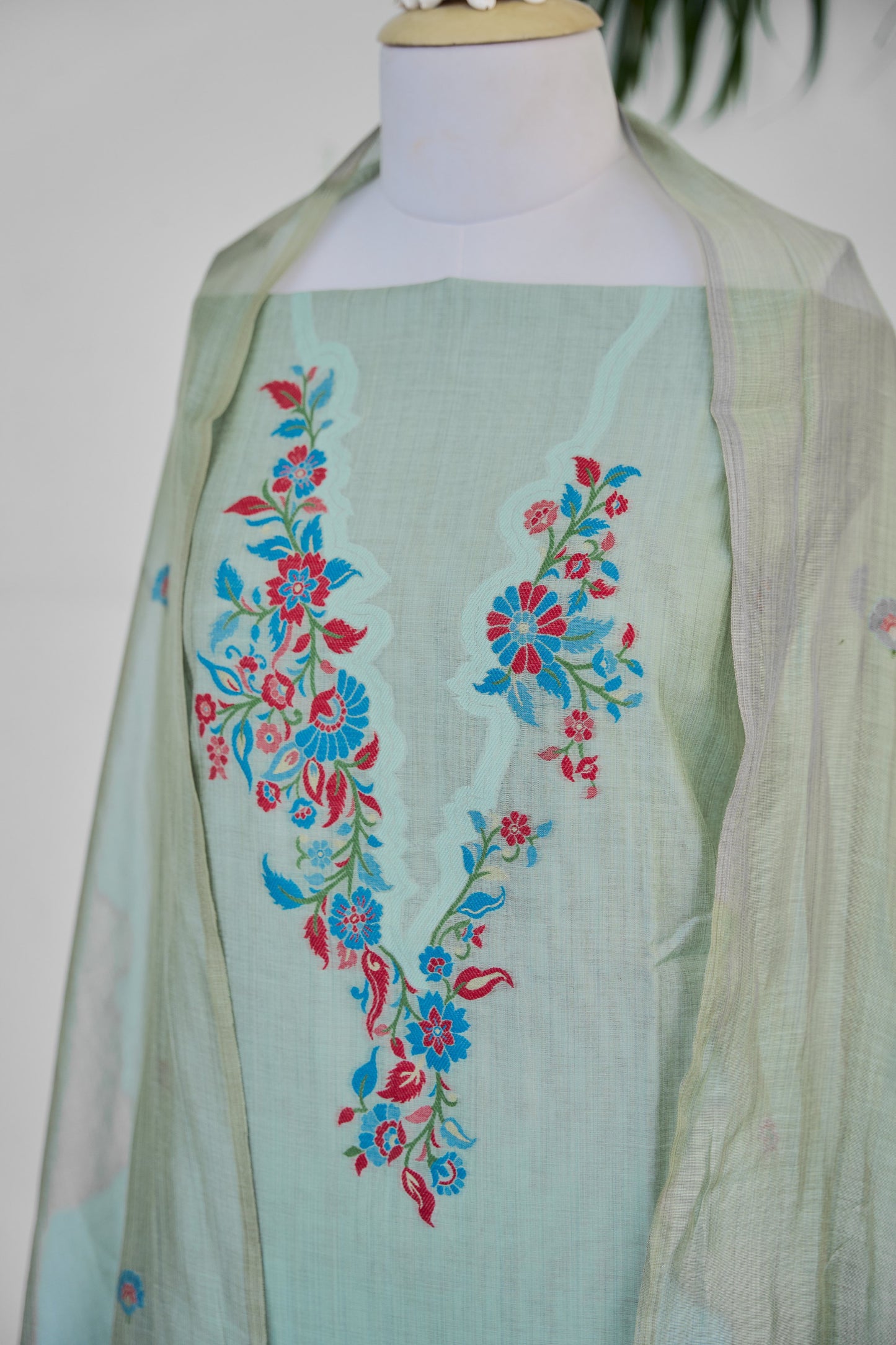 MEHR – Pure Mul Chanderi Pista Green Unstitched Suit Set