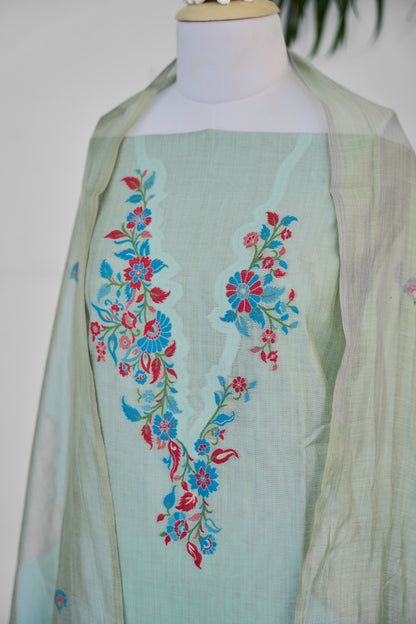 MEHR – Pure Mul Chanderi Pista Green Unstitched Suit Set