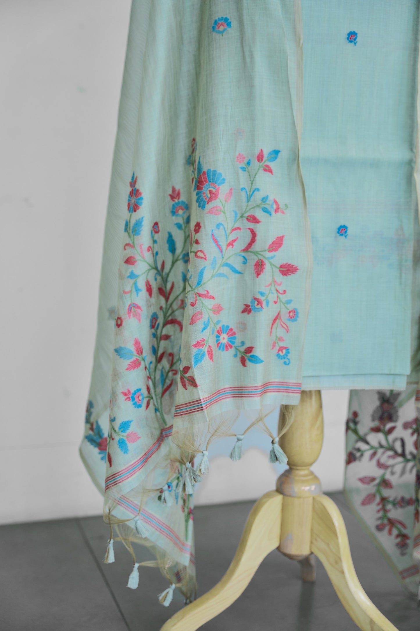 MEHR – Pure Mul Chanderi Pista Green Unstitched Suit Set