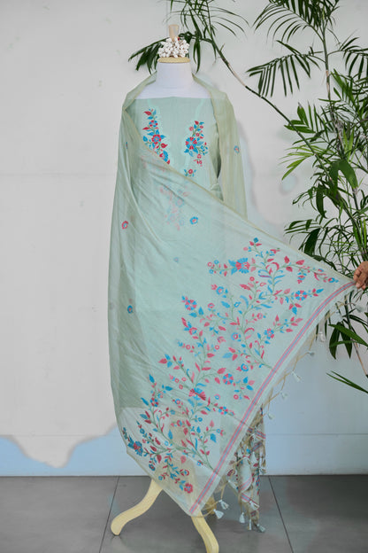MEHR – Pure Mul Chanderi Pista Green Unstitched Suit Set